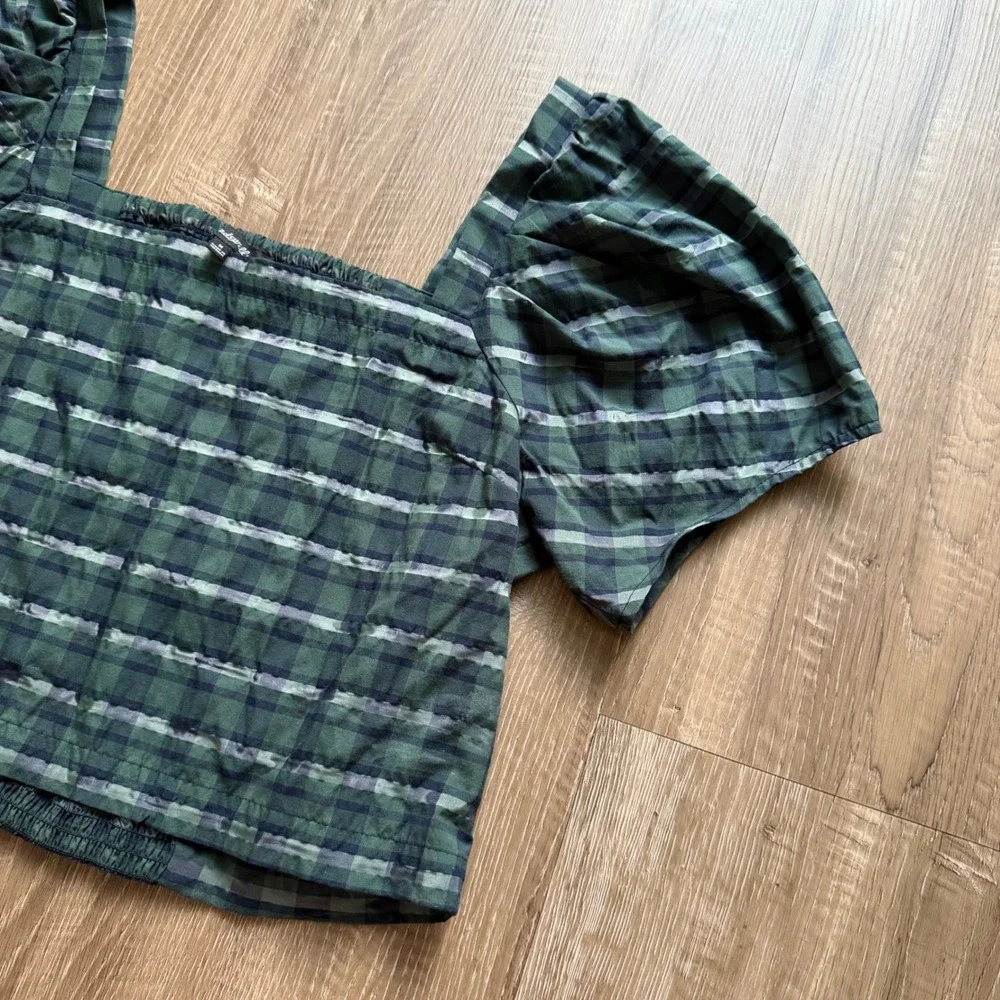 Madewell‎ Green Plaid Puff-Sleeve Square Neck Smocked Crop Top Medium Preppy